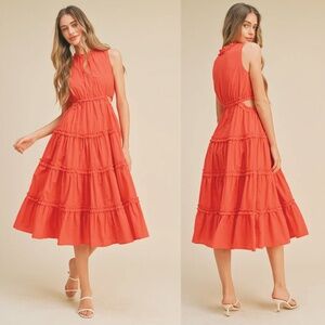 &Merci Women’s Red Orange Ruffle Tiered Cut-Out Midi Dress Size Large Valentines